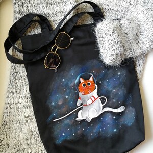 Black cotton zip bag with lining, cotton tote bag, cosmocat bag zdjęcie 8