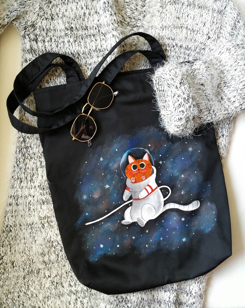 Black cotton zip bag with lining, cotton tote bag, cosmocat bag zdjęcie 8