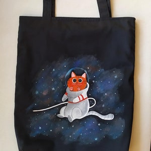 Black cotton zip bag with lining, cotton tote bag, cosmocat bag zdjęcie 4