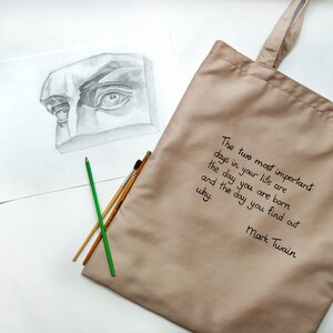 Bolsa de cotización de algodón beige pintado a mano, cotización ecobag