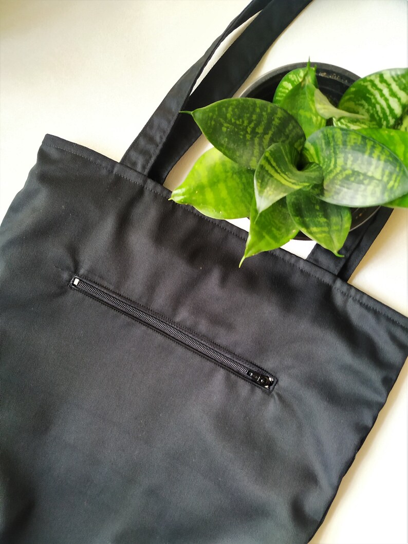 Black cotton zip bag with lining, cotton tote bag, cosmocat bag zdjęcie 5