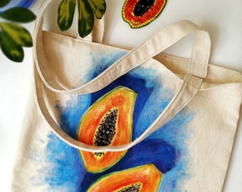 Sac en coton couleur lait avec peinture à la main et poche zippée, sac écologique blanc, sac à provisions