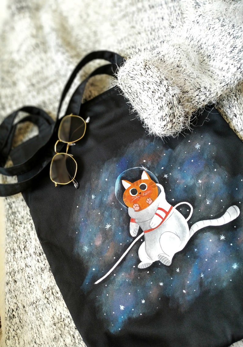 Black cotton zip bag with lining, cotton tote bag, cosmocat bag zdjęcie 1