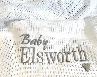 Baby Blanket, Personalised Baby Name Newborn Gift, Embroidered Cellular Blanket, Organic Cotton Summer Pram Blanket, Personalised Baby Gift