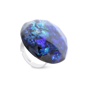 Blauer Türkiser Facettierte Harz Ring - Edelstahl Band Ring - Resin Dichroic Art - Resin Ring Damen - Rund Blau Ring - Statement Ring
