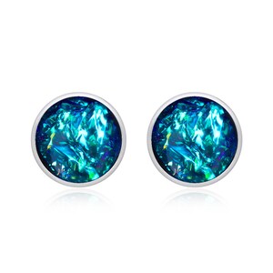 Blue Turquoise Stainless Steel Stud Earrings -  Dichroic Resin Earrings - Steel Stud Earrings - Colorchanging Earrings - Round Earrings