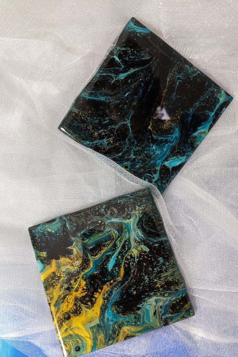 Blue Black and Gold Paint Pour Fluid Art Coasters 4.25 Etsy