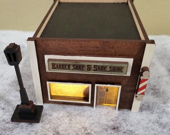 Christmas Village Building - Wood Christmas Village - Christmas Village Barber Shop -Barber Shop Christmas Village -Wooden Christmas Village