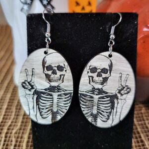 Wood Skeleton Earrings - Halloween Skeleton Earrings - Skeleton Peace Sign Earrings - Skeleton Body Earrings - Spooky Skeleton Earrings