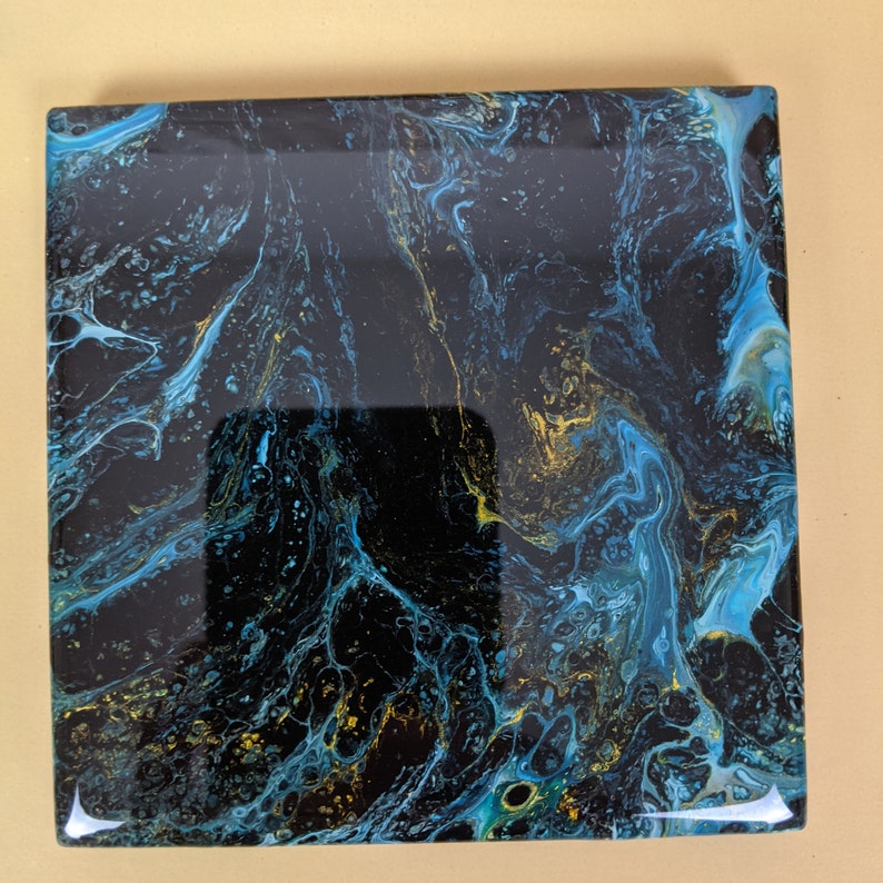Blue Black and Gold Paint Pour Fluid Art Coasters 4.25 Etsy