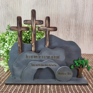 He Has Risen Decor - Empty Tomb Decor - Easter Resurrection Scene - Matthew 28:6 - He Is Risen - Three Wooden Crosses - Christian Decor