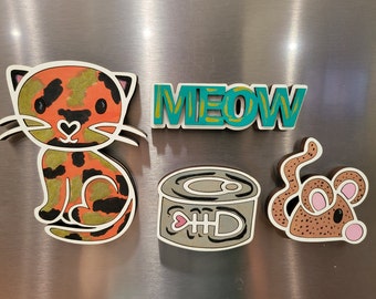 Cat Magnets for Fridge - Frig Magnets - Calico Cat Magnet - Mouse Magnet - Cat and Mouse Magnet Set - 4 Piece Cat Magnet Set