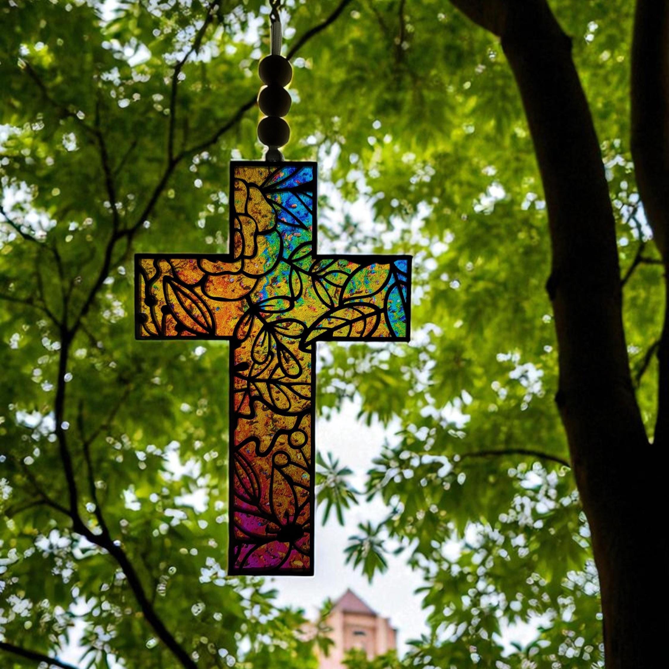Cross Suncatcher - Floral Cross Suncatcher - Colorful Christian Suncatcher - Colors of Faith -Colorful Decorative Cross-Stained Glass Effect
