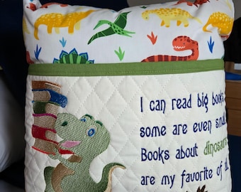 Dinosaur Reading Pillow for Kids – Quilted Book Pocket Pillow with Embroidered Dino Design