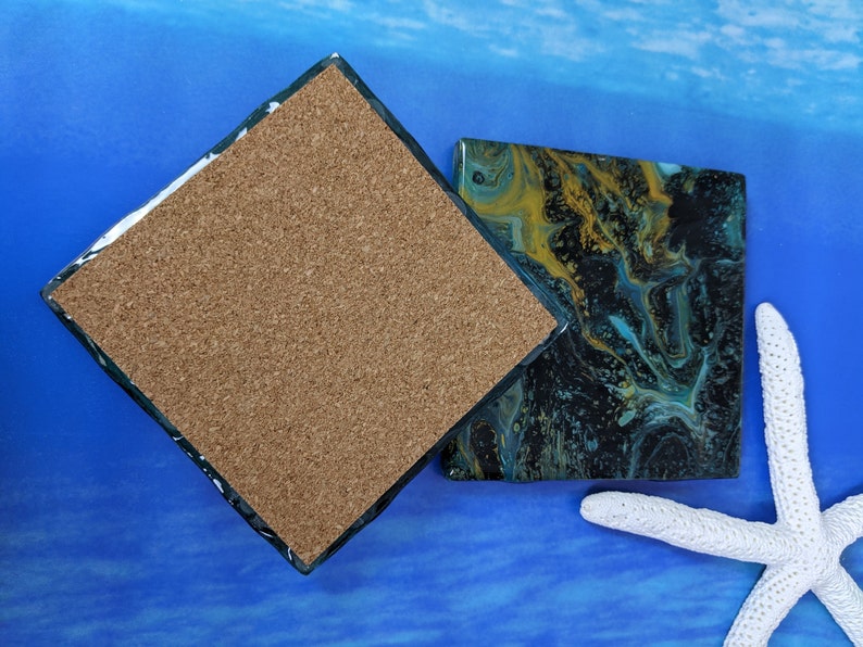 Blue Black and Gold Paint Pour Fluid Art Coasters 4.25 Etsy