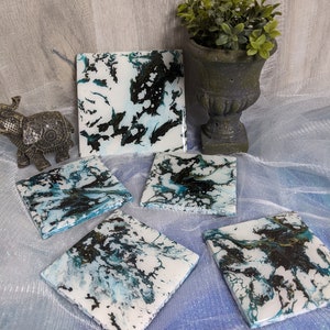 Ice Age Paint Pour fluid art coasters 4.25" square set of 4 / with a 6x6 trivet. Look like you are looking down on top of a frozen mountain.