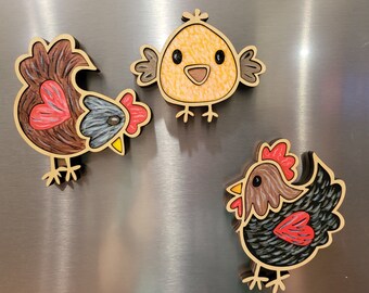 Chicken Magnets - Bird Magnets - Frig Magnets - Wood Bird Magnets - Whimsical Bird Magnets