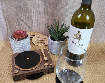 Retro turntable coaster set - set of 4 coasters easily store in the turntable - Precision cut on the Glowforge - great gift for any occasion