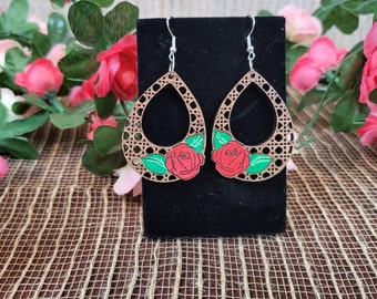 Rose Boho Teardrop Earrings -  Red Roses  Rattan Drop Earrings - great gift for any occasion. Make a great gift for any woman
