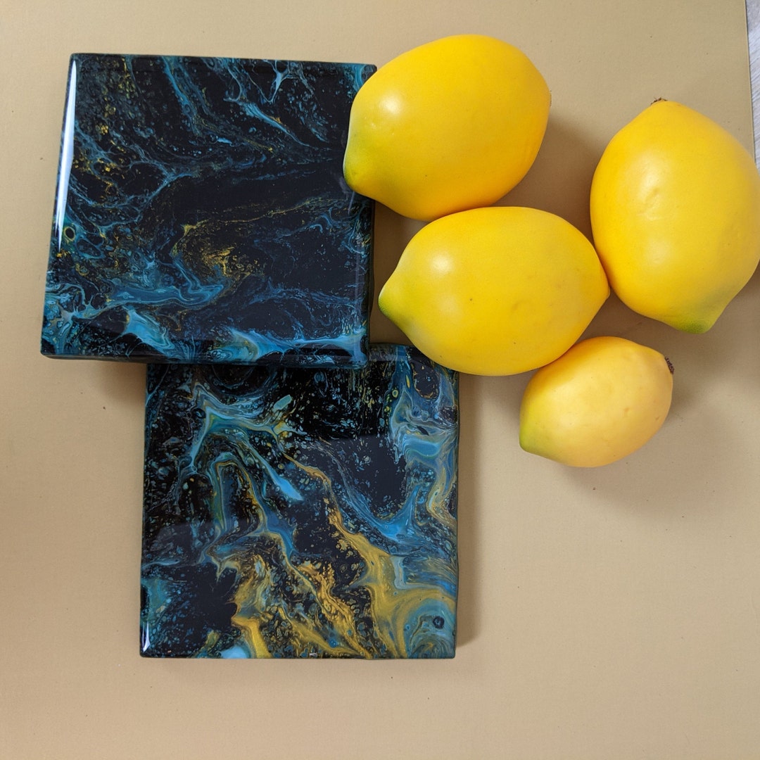 Blue Black and Gold Paint Pour Fluid Art Coasters 4.25 Etsy