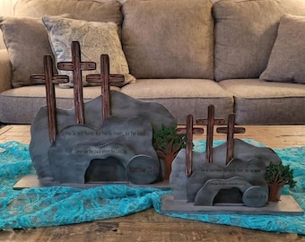 He Has Risen Decor - Empty Tomb Decor - Easter Resurrection Scene - Matthew 28:6 - He Is Risen - Three Wooden Crosses - Christian Decor