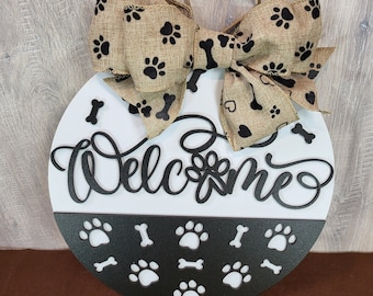 Dog Round Welcome Sign - Paw Print Dog Welcome Sign - Paw Prints and Dog Bone Welcome Sign - Round Wood Welcome Sign Dogs - Welcome Sign