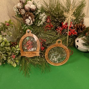 Snow Globe Christmas Ornaments - Glowforge Laser engraved. Engraved Acrylic - Customizable - beautiful gift for just married