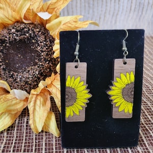 Bar shaped sunflower earrings -  Great gift for any occasion. Christmas Gift - Valentine Gift - Anniversary Gift - Hand painted and sealed.