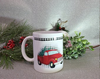 11 oz. Sublimated ceramic coffee mug. Old red truck with Christmas tree. Coffee Cup, Hot Choc, Christmas watching movie Cup