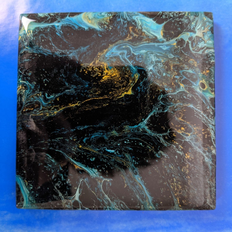 Blue Black and Gold Paint Pour Fluid Art Coasters 4.25 Etsy