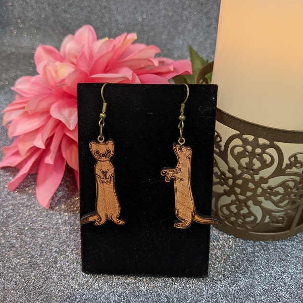 Adorable Standing Ferret Earrings, Birthday, Anniversary, All Occasion Pierced Earrings, Laser Cut on Glowforge, Bronze Hook