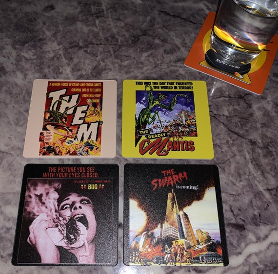 Classic Movie Drink Coasters - Bug Horror Movies Set of 4 - Them, The Deadly Mantis, The Swarm, and Bug