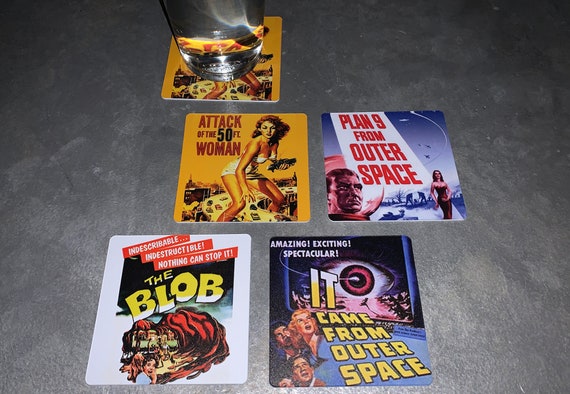 Classic Movie Drink Coasters - 50's B-Movies Set of 4 - Plan 9, The Blob, Attack of 50 Foot Woman, It Came From Outer Space