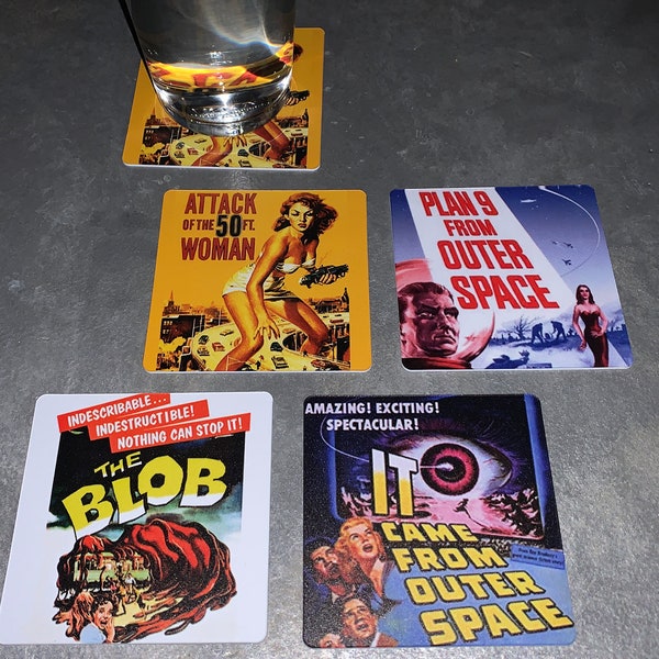 Classic Movie Drink Coasters - 50's B-Movies Set of 4 - Plan 9, The Blob, Attack of 50 Foot Woman, It Came From Outer Space