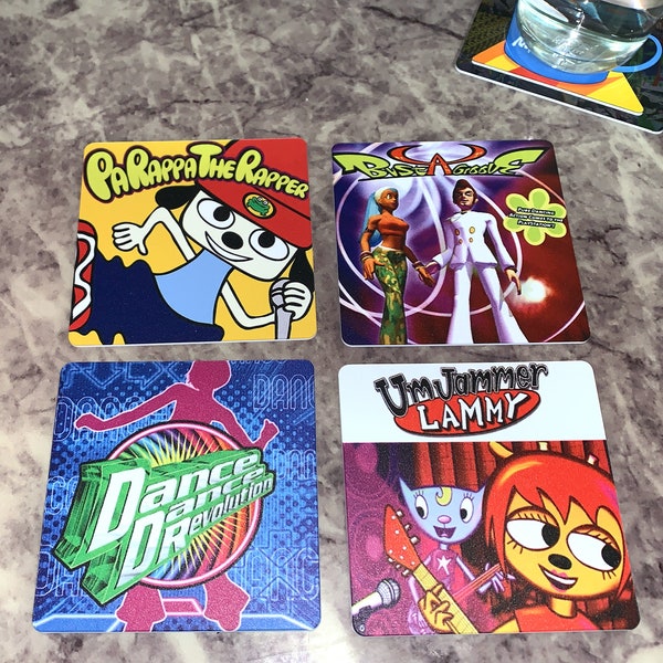 Classic Video Game Drink Coasters - Playstation Music Games Set of 4 - Parappa the Rapper Umjammer Lammy DDR Bust a Groove