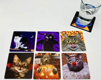Halloween Cats Drink Coasters - Set of 6 - Vampire Clown Witch Pumpkin Haunted Holidays