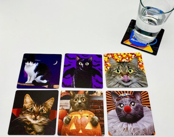 Halloween Cats Drink Coasters - Set of 6 - Vampire Clown Witch Pumpkin Haunted Holidays