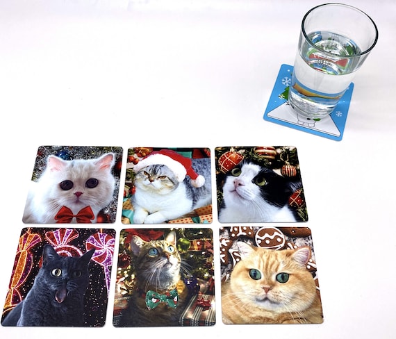 Christmas Cats Drink Coasters - Set of 6 - Santa Claus Holidays