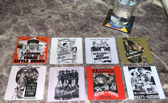 Classic Movie Drink Coasters - Three Stooges Set of 8 - Larry Curly Moe