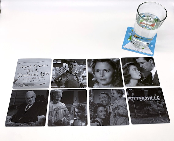 Classic Movie Drink Coasters - It's a Wonderful Life - George Bailey Jimmy Stewart Donna Reed Christmas set of 8