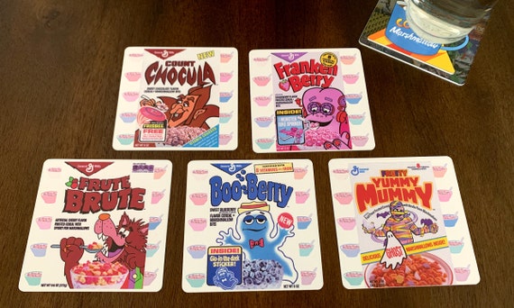 80's Breakfast Cereal Drink Coasters - Monster Cereals Set of 5 - Count Chocula Frankenberry Boo Berry Fruit Brute Fruity Yummy Mummy
