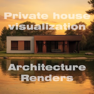 May include: Architectural rendering of a modern house with a brown and white exterior, set against a sunset sky. The image includes the text "Private house visualization" and "Architecture Renders". The house is reflected in the water.