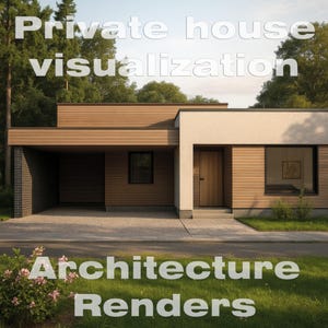 Può includere: Visualizzazione di una casa moderna con il testo "Private house visualization" e "Architecture Renders". La casa presenta una facciata in legno marrone, un posto auto coperto e un design minimalista. La scena è ambientata in un ambiente naturale con alberi ed erba.