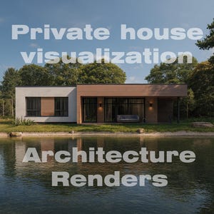 Può includere: Visualizzazione di una casa moderna con il testo "Private house visualization" e "Architecture Renders" su uno sfondo di cielo blu. La casa presenta una combinazione di rivestimento bianco e in legno, ampie finestre e vista lago.