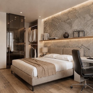 Pode incluir: Um quarto moderno com uma paleta de cores neutras. O quarto apresenta uma cama com cabeceira bege e um cobertor marrom. Uma mesa com uma cadeira preta está no canto. Um armário e uma parede de pedra adicionam ao design do quarto.
