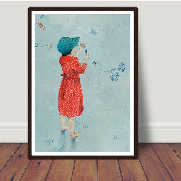 Kaatje Vermeire | Girl. Giclée art prints. Girl and Letters Illustration. ABC with girl in red dress from 'Maia and What Matters'