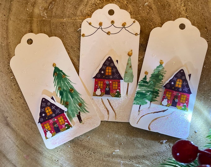 Cute Christmas snow embellished wooden Christmas house button Handmade hand painted set of 3 Christmas tags