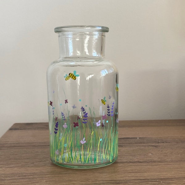 Hand painted wildflowers and bumble bee glass vase and candle holder