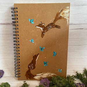 Hand painted fantasy foxes and blue butterfly A5 spiral bound notebook/ journal/ sketchbook - personalised