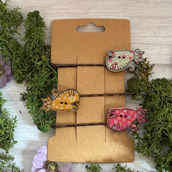 Handmade Cute multicoloured hippie cat button Bobby pin hair clips set of 3